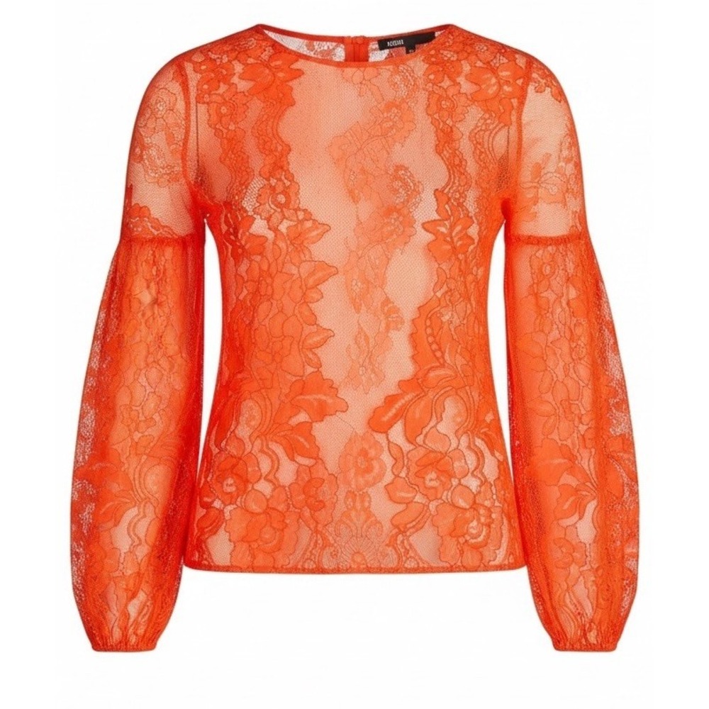 Maje Size 2/US M Orange Floral Lace Long Ballon Sleeve Sheer Luxe Blouse